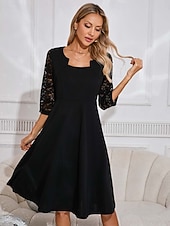 levne černé mini šaty-Dámské Černé šaty Midi šaty Krajka Elegantní Hranatý Dlouhý rukáv Černá Barva