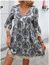 preiswerte Ausgefallene Kleider-Damen Minikleid Casual kleid Boho-Kleid Brautkleider schlicht Täglich Regular Fit Blumen 3/4 Ärmel V Ausschnitt Wein Blau Grün Sommer Frühling Herbst