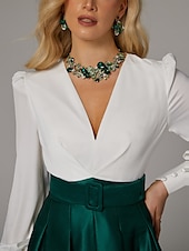cheap GREEN-A-Line Evening Gown High Split Dress Formal Wedding Guest Floor Length Long Sleeve V Neck Fall Wedding Guest Satin with Pleats Slit