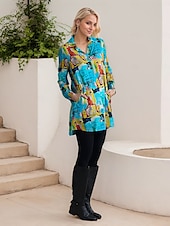 baratos vestido casual estampado-vestido mini camisa rayon graffiti com punho e lapela