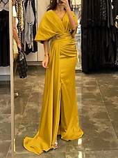 cheap YELLOW-Sheath Evening Gown Elegant Dress Formal Sweep / Brush Train Half Sleeve V Neck Satin with Pleats Ruched Crystals