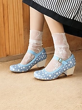  kvinnors blå prickiga Mary Jane-klackar – retro mellanklackskor med spänne för vintageinspirerade outfits och dansfester