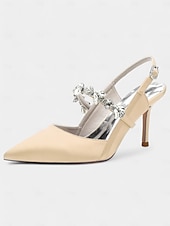 economico cocktail-scarpe col tacco da donna in raso bianco con cinturino posteriore e decorazioni in strass – eleganti scarpe a punta per matrimoni e occasioni formali