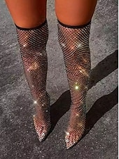 economico Festa Notturna-stivali alti fino alla coscia con strass in rete da pesca da donna – tacchi a spillo glamour sopra il ginocchio in rete per feste ed eventi serali