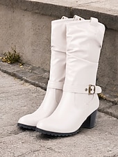 olcso Slouch Boots-barna, térdig érő női csizma csatos részletekkel és blokksarkúval – klasszikus és sokoldalú lábbeli hétköznapi és őszi ruhákhoz