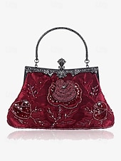 cheap Clutches &amp; Evening Bags-Women&#039;s Vintage Green Velvet Handbag with Beaded Floral Embroidery and Metal Frame – Elegant Evening Bag