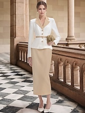 preiswerte Cocktailkleider-Zweiteiliges Sheath  Säulen Cocktailkleider Tuxedo Kleid Elegantes Kleid Formal Knie-Länge Langarm Reverskragen Stretch Krepp mit Schlitz Kleidern