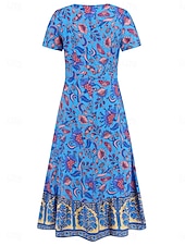 abordables Robes Bohémiennes-Femme Robe mi-longue Robe casual Robe Évasée Robe Trapèze robe boheme Bohême Décontractées du quotidien Standard Floral Manche Courte Col V Rouge Bleu Fuchsia Eté Printemps