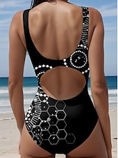 billiga One-piece-baddräkter-Damernas baddräkter One Piece Monokini Baddräkt Rygglös Magkontroll Hög Midja Slim Semester Strandkläder Geometrisk U-Hals Ärmlös Badkläder