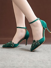 cheap Classic Pumps-Women's Emerald Green Satin Ankle Strap Heels – Pointed Toe Cocktail Shoes with Crystal Embellishments for Parties and Weddings