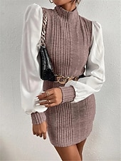 preiswerte Einfaches Kleid-Damen Casual kleid Minikleid Patchwork Brautkleider schlicht Ständer Langarm Braun Beige Farbe