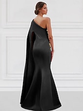 cheap BLACK-Black Tie Mermaid Evening Gown Elegant Dress Formal Floor Length Long Sleeve One Shoulder Capes Satin with Embroidery Appliques 2025