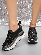 billige Sneakers til kvinner-svarte slip-on joggesko for kvinner med glitterpynt og plattformsåle – stilige fritidssko for hverdagsbruk