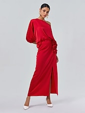 economico Women&#039;s Sets-Set di due pezzi per invitati al matrimonio in raso, collo slash floreale, maniche a Giulietta, gamba larga