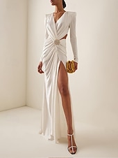 abordables BLANC-Robe de soirée sirène  trompette robe élégante invitée de mariage longueur de sol manches longues décolleté en V nylon avec cristaux