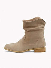 levne Slouch Boots-dámské béžové semišové kotníkové boty – ležérní a pohodlné boty západního stylu na nízkém podpatku
