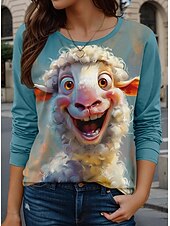 tanie Koszulka ze zwierzętami-Koszulka T-shirt dla kobiet Okrągły dekolt Długie rękawy Tunika Zwierzęcy Casual Regularne góry Codzienny nadruk Niebieski Wiosna Jesień