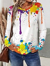 billiga Konst &amp; Design t-shirt-Dam T-shirt Graffiti Mode Modern Ledigt Långärmad Rund hals Vanliga toppar Dagligen Helgen Mönster Vit Höst Vinter