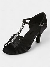 abordables Chaussures de danses latines-chaussures de danse latine pour femmes avec bride en T en strass et semelle en daim souple | talons chaton à bout ouvert en satin pour la salle de bal et la salsa