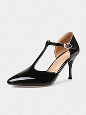 economico Semi-formale-eleganti tacchi a spillo con cinturino a T in vernice rossa da donna - ideali per matrimoni e occasioni speciali