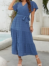 billige Arbeidskjoler-kvinners ensfarget slips foran v-hals lang kjole maxi kjole elegant bohemia fest daglig sommer