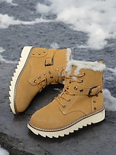 abordables Botas de nieve e invierno-Botas de nieve de invierno para mujer de color marrón con forro de piel sintética: botas cálidas y aislantes para exteriores con detalle de hebilla y suela antideslizante para clima frío