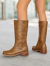 levne Cowboy &amp; Western Boots-dámské hnědé westernové kovbojské boty z umělé kůže - výška do půl lýtek s naskládaným podpatkem pro ležérní outfity a outfity ve venkovském stylu