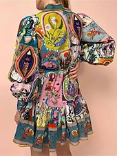 abordables Robes Bohémiennes-Femme Mini robe Robe casual robe boheme Bohême Rétro Vintage Ethnique du quotidien Standard Floral manche longue Col de Chemise Arc-en-ciel Eté Printemps Automne
