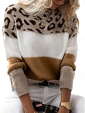billige Grafiske mønstre og detaljer-Dame Genser Pullover genser Fritid Myk Leopard Riflet Crew-hals Strikket Trykt mønster Langermet Vanlige topper Strikke utendørs Daglig Helg Gul Rosa Høst Vinter