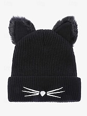 cheap Women&#039;s Hats-Women&#039;s Cute Cat Ear Beanie – Burgundy Knit Hat with Faux Fur Ears and Whisker Embroidery, Cozy and Stylish Winter Accessory