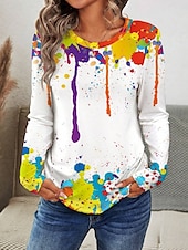 billiga Konst &amp; Design t-shirt-Dam T-shirt Graffiti Mode Modern Ledigt Långärmad Rund hals Vanliga toppar Dagligen Helgen Mönster Vit Höst Vinter