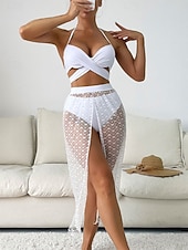 preiswerte 3-teiliges Bikini-Set-Damen Bikini 2-teiliges Schwimmbad Rock Slim Rückensfrei Urlaub Strandbekleidung Einfarbig Halterneck Ärmellose Badeanzüge