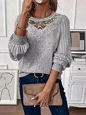abordables Hauts en dentelle-Blouses en dentelle élégante pour femmes blouses ajourées tops réguliers unis décontractés à manches longues col rond patchwork en dentelle ajustement régulier quotidiens romantiques petits tops pour