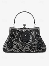 cheap Clutches &amp; Evening Bags-Women&#039;s Vintage Green Velvet Handbag with Beaded Floral Embroidery and Metal Frame – Elegant Evening Bag