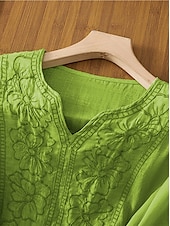 preiswerte Hemden-Damen Hemd Leinen-inspirierte Hemden Einfarbig Blumen Lässig Boho Dreiviertelarm Ellbogenärmel V Ausschnitt Normale Oberteile Urlaub Party Täglich Bestickt Gras-Grün Purpur Herbst Frühling &amp; Sommer