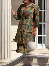 abordables Robes fleuries élégantes-robe midi à fleurs pour femmes, col en V, manches longues, été, printemps