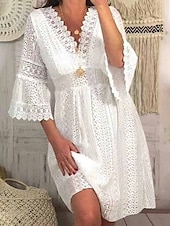 ieftine Rochii Albe din Dantela-Pentru femei Rochie Mini Rochie albă Rochie de dantela Rochie casual Rochie Boho Casual Sporturi &amp; Exterior Stradă Fit regulat Simplu Lungime Manșon 3/4 În V Alb Caisă Vară Primăvară Toamnă