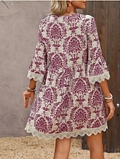 preiswerte Ausgefallene Kleider-Damen Minikleid Casual kleid Boho-Kleid Brautkleider schlicht Täglich Regular Fit Blumen 3/4 Ärmel V Ausschnitt Wein Blau Grün Sommer Frühling Herbst