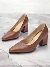 olcso Block Heels-női barna sarokpumpák – hegyes orrú retro formális cipő elegáns varrással irodai és parti viselethez