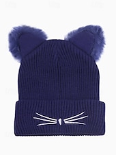cheap Women&#039;s Hats-Women&#039;s Cute Cat Ear Beanie – Burgundy Knit Hat with Faux Fur Ears and Whisker Embroidery, Cozy and Stylish Winter Accessory