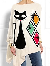 billige Dressy topper-Dame Skjorte Bluse Katt Fritid Langermet Crew-hals Lange topper Daglig Trykt mønster Asymetrisk kant Blå Kakifarget Beige Høst Vinter