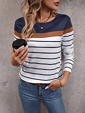 billiga Randig och geometrisk t-shirt-Dam T-shirt Färgblock Randig Mode Modern Ledigt Långärmad Rund hals Vanliga toppar Dagligen Helgen Mönster Svart Vit Höst Vinter