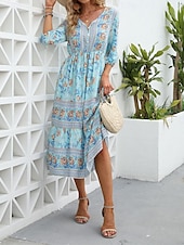 ieftine Rochii Boho-Pentru femei Rochii Midi Rochie casual Rochie leagăn Rochie A line Rochie Boho Casual Zilnic Fit regulat Floral Lungime Manșon 3/4 În V Roz Îmbujorat Albastru piscină Caisă Vară Primăvară Toamnă