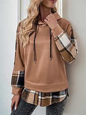baratos Loja Gráfica Moletons &amp; Capuzes-moletom feminino com capuz casual xadrez rua diário moletom com capuz patchwork estampa manga comprida marrom outono inverno