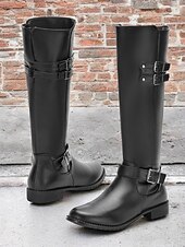 cheap Fashion Boots-Women&#039;s Black Knee-High Riding Boots with Buckle Straps and Low Heel – Classic Equestrian Style Boots for Everyday and Outdoor Wear