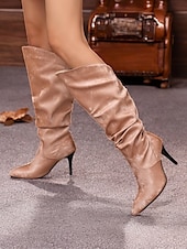 olcso Slouch Boots-női, ezüst színű, domború térdig érő csizma – stílusos hegyes orrú csizma tűsarkúval a divatos megjelenésért