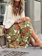 cheap Skirts-Women&#039;s Long Skirt Maxi Skirts Patchwork Floral Graphic Vacation Street Summer Elegant Vintage Green