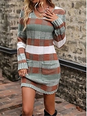 preiswerte Strickkleider-Damen kariertes Maxikleid mit V-Ausschnitt, lange Ärmel, Frühling/Herbst
