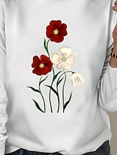 billige Blomster t-skjorte-Kvinners 100% Bomull Tunika T-skjorte Mote Casual Trykk Langermet Vanlige Topper Crew Hals Daglig Hvit Vår Høst Forhøst
