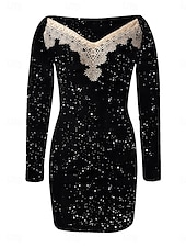 preiswerte Bodycon für den Klub-Damen schwarzes kleid Minikleid Spitze Patchwork Brautkleider schlicht Schulterfrei Langarm Schwarz Aprikose Farbe